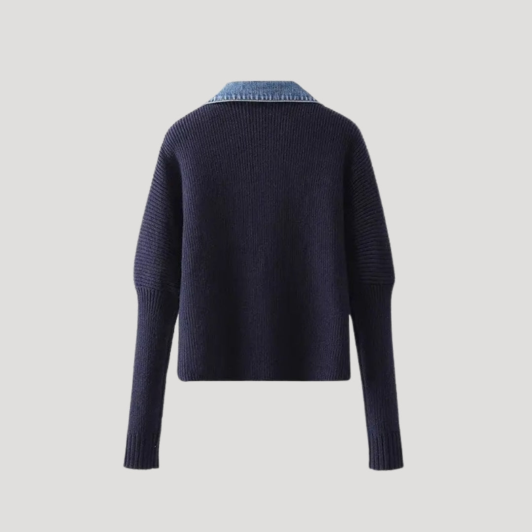 Damen Strickjacke mit Denim-Besatz | Eleganter Kontrast und moderner Stil