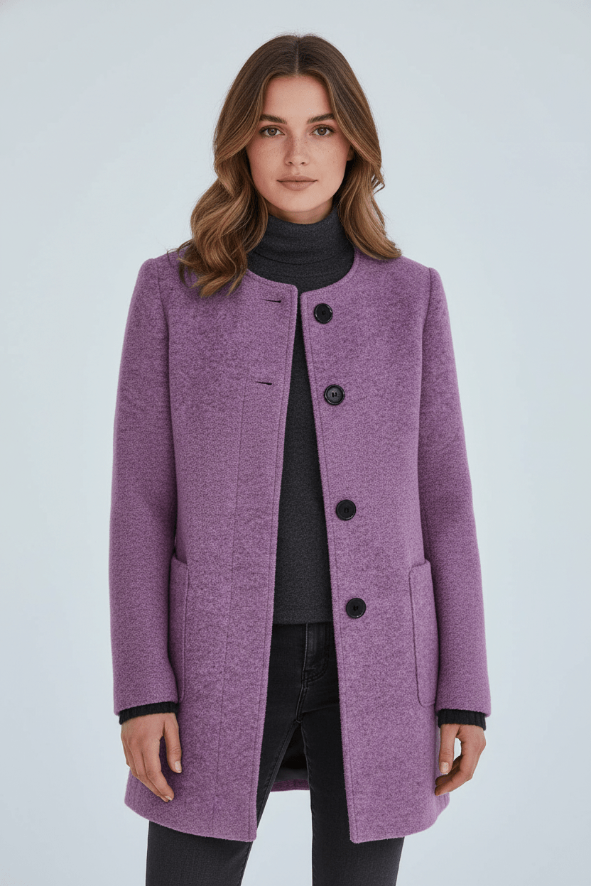 Damen Langer Mantel | Stehkragenjacke mit taillierter Passform und Knopfleiste