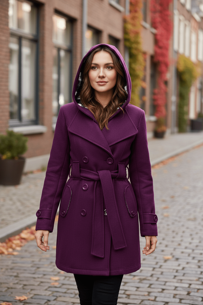 Damen Doppeltknopf-Hoodie-Mantel mit Gürtelschnitt