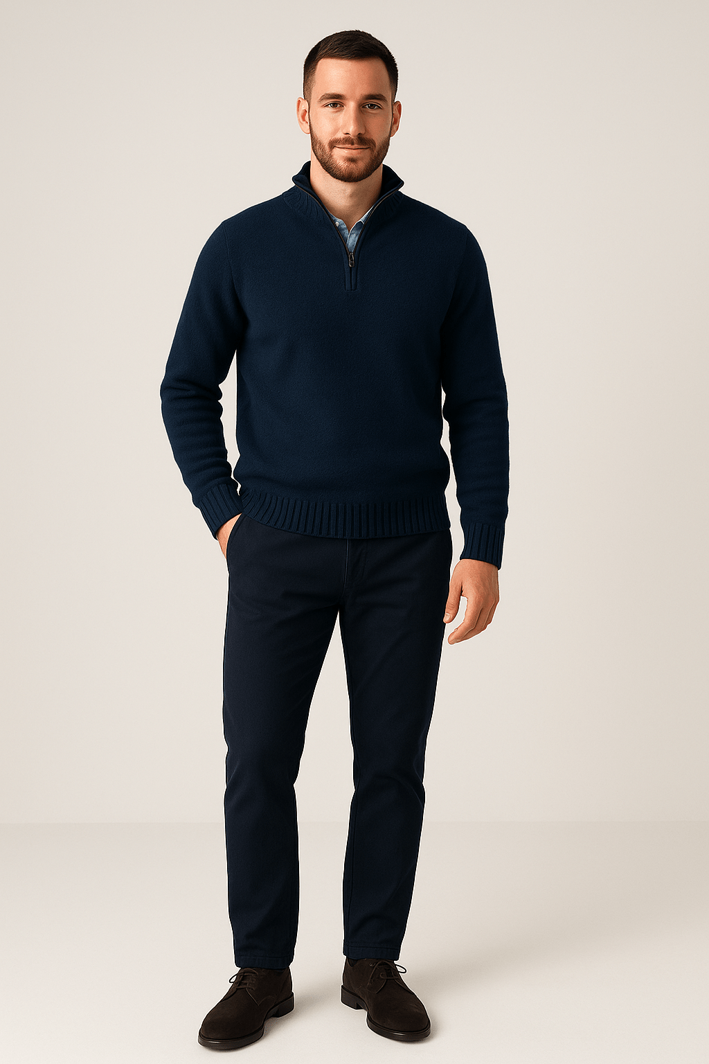 Herren Quarter-Zip Pullover – Gerippter Strickpullover mit hohem Kragen