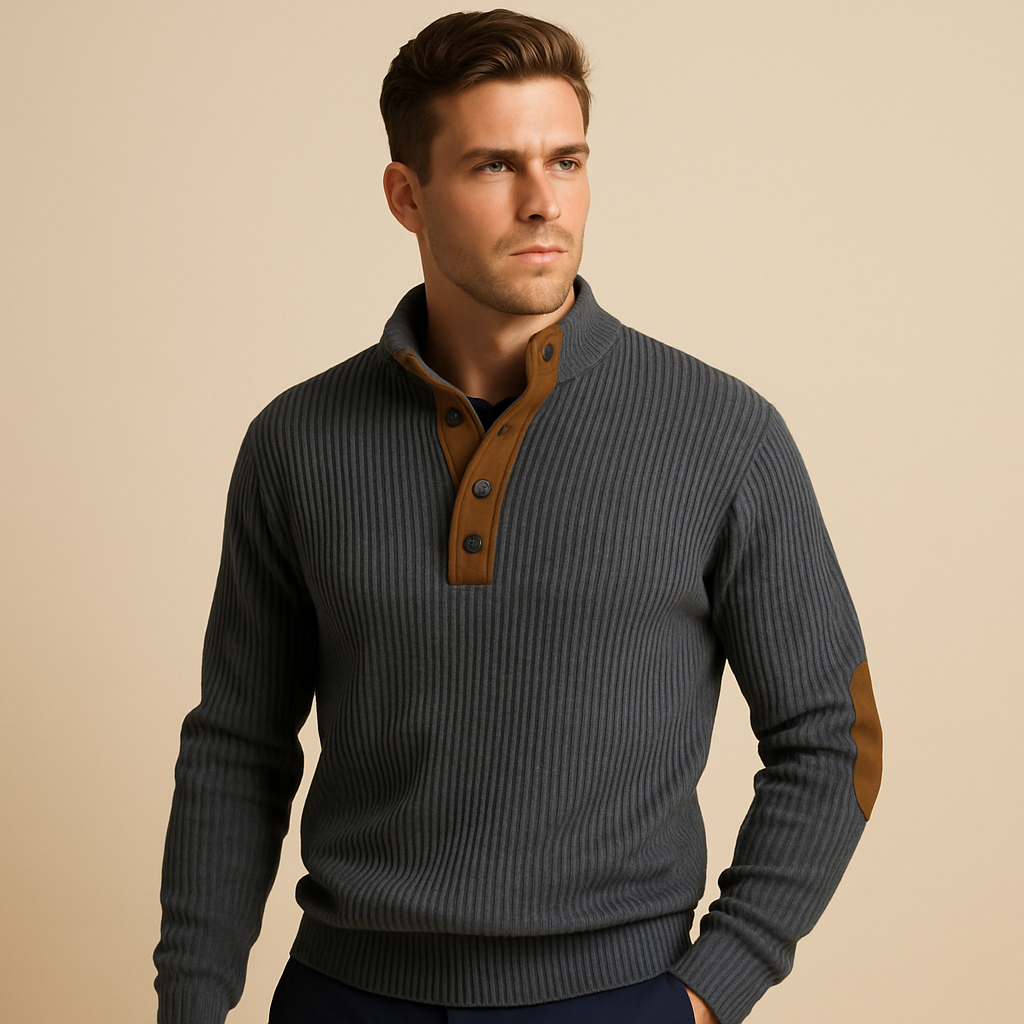 Herren Rippstrick Baumwollpullover mit Knopfkraagen – Lässiger Pullover
