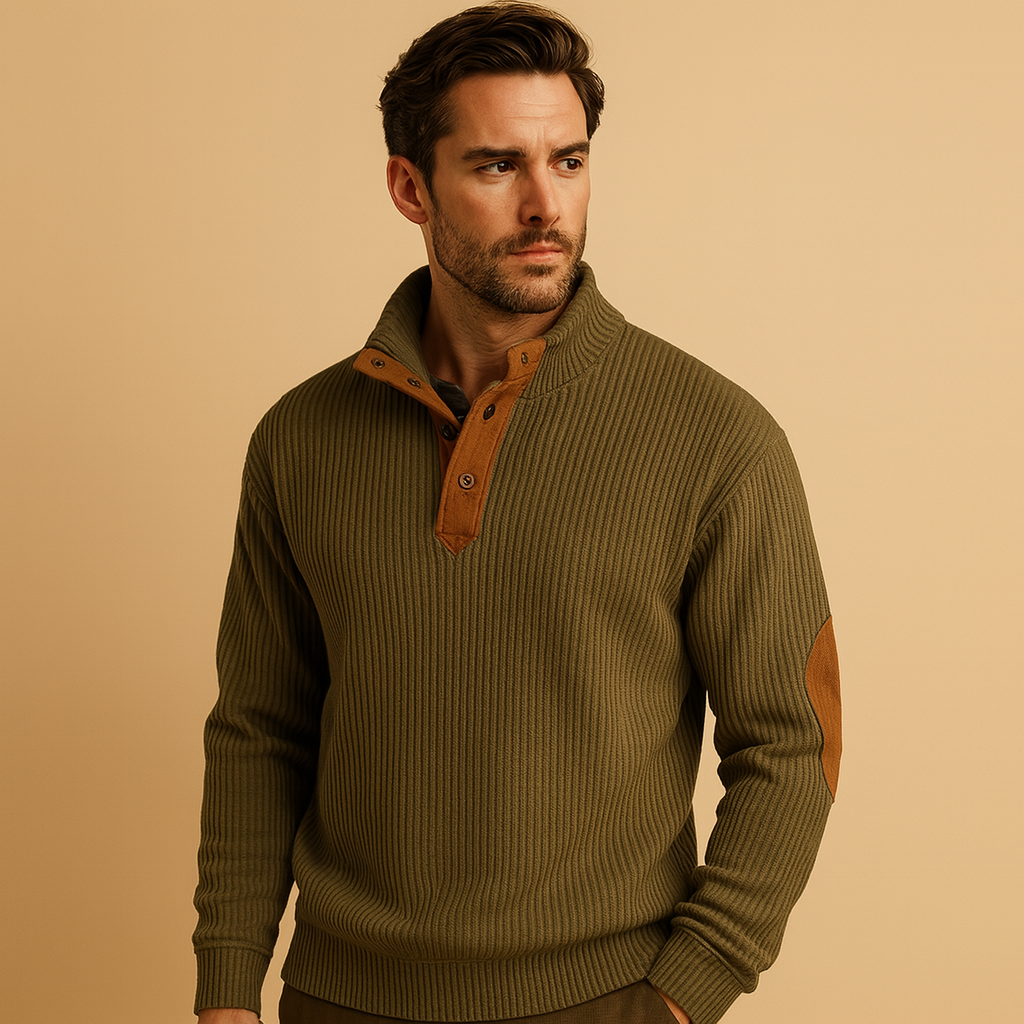 Herren Rippstrick Baumwollpullover mit Knopfkraagen – Lässiger Pullover