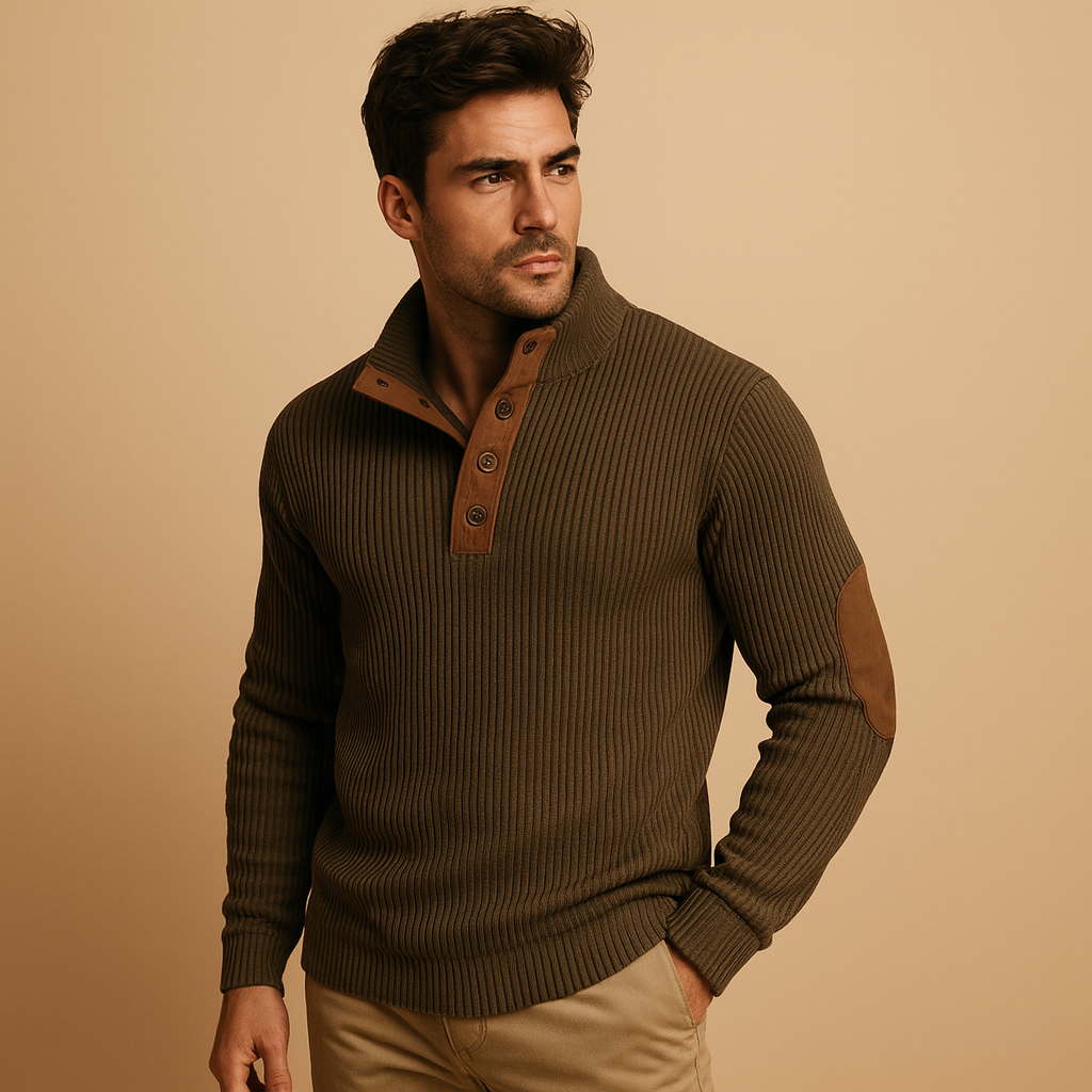 Herren Rippstrick Baumwollpullover mit Knopfkraagen – Lässiger Pullover