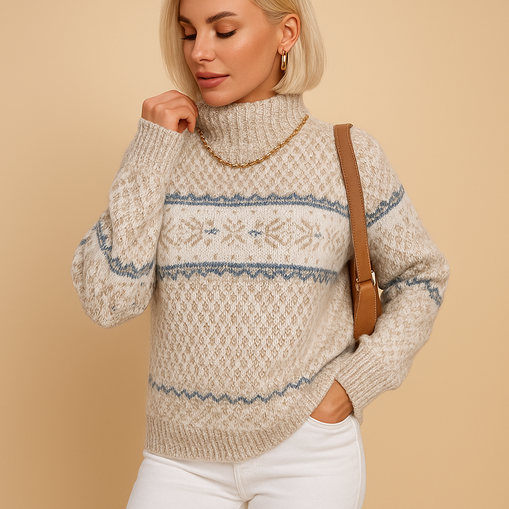 Langer gestrickter Weihnachts-Pullover für Frauen mit Schneeflocken-Muster