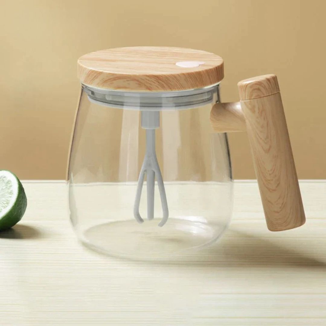 Automatische Kaffeetasse | Selbstumrührende Teetasse mit Holzgriff | RuhrTasse