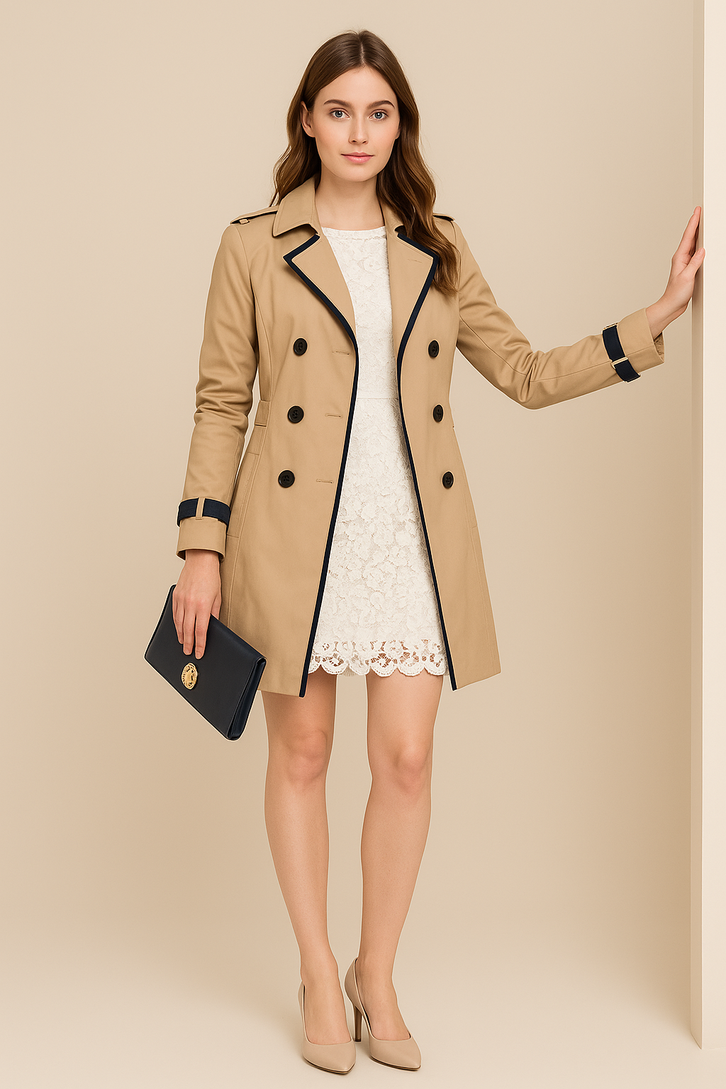 Damen Doppeltknopf-Trenchcoat mit Kontrastbesatz