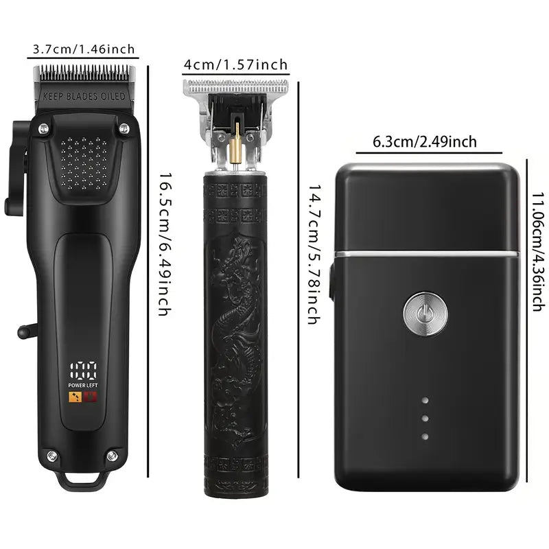 GroomMaster - 3-teiliges professionelles Haar- und Bartpflegeset für Männer, kabellose Trimmer mit LED-Display, USB wiederaufladbar