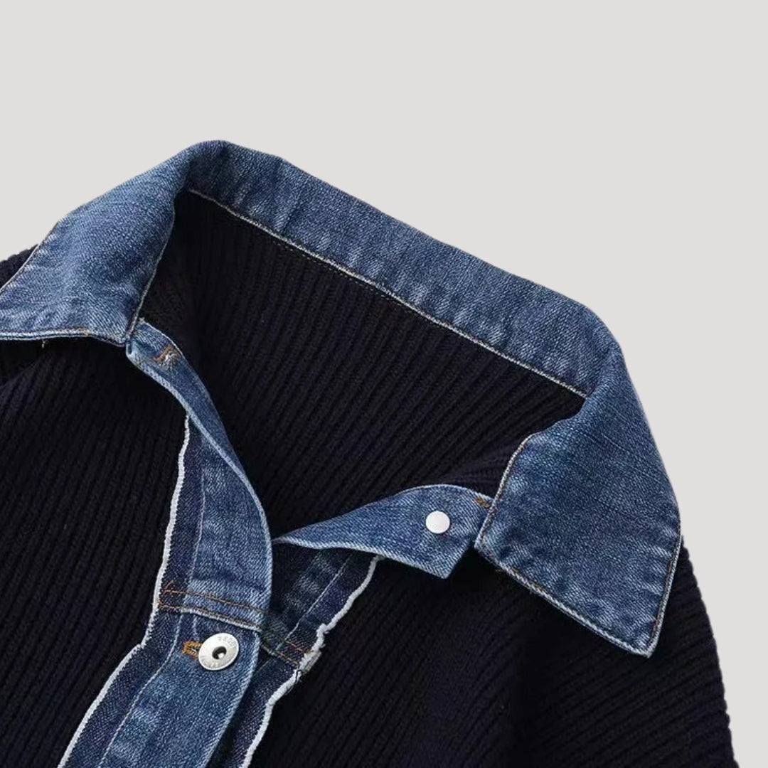 Damen Strickjacke mit Denim-Besatz | Eleganter Kontrast und moderner Stil