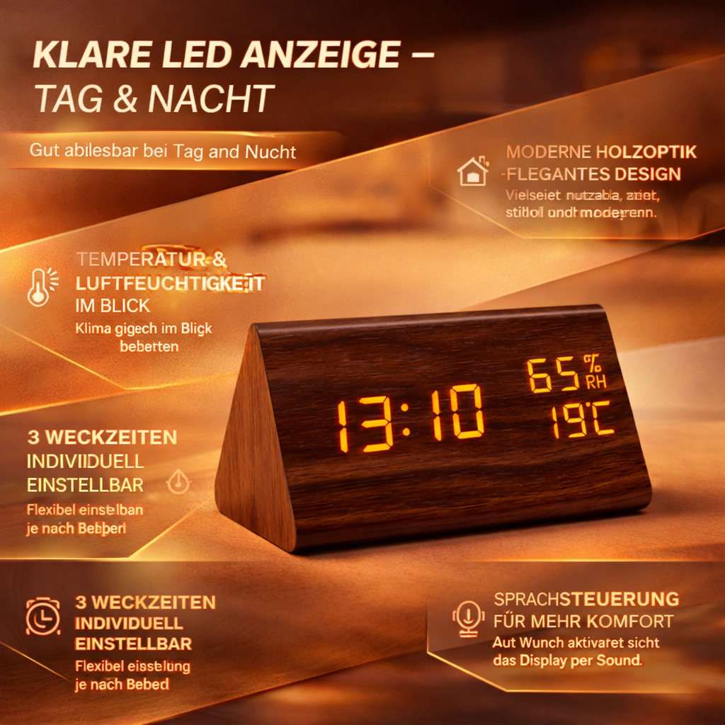 Digitaler LED-Wecker Holz Modern Temperatur