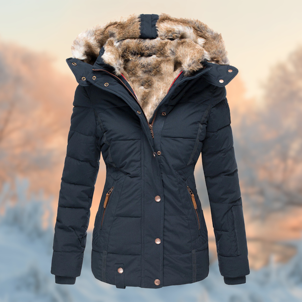 Damen warmer Wintermantel mit Kapuze und schmeichelhaftem Schnitt