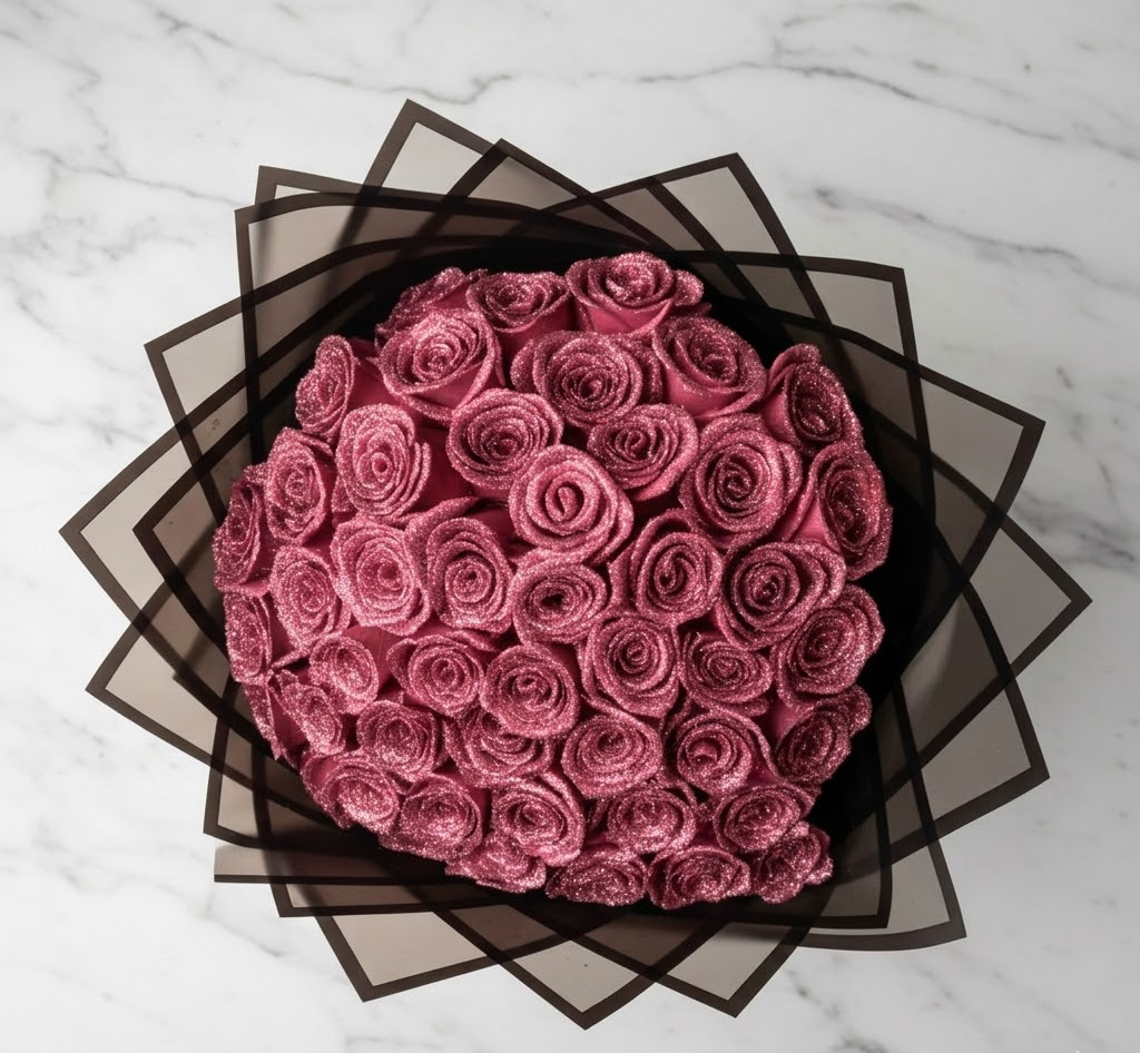 Rosa Glitzerrose Geschenkbox – Symbol ewiger Liebe