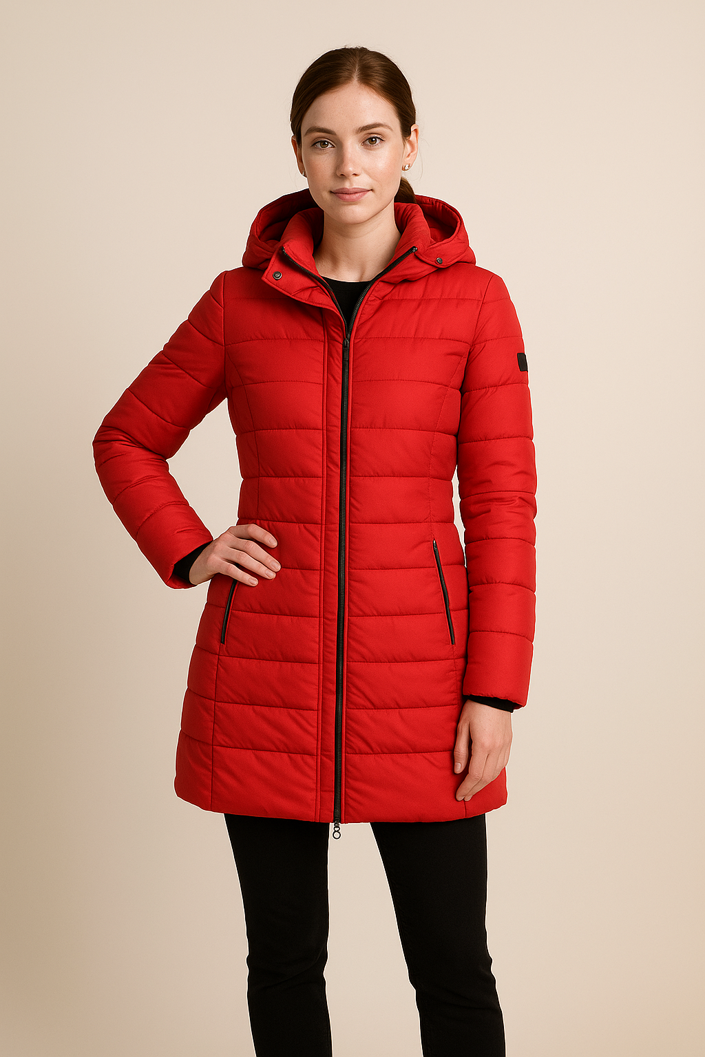 Damen Lange Gestepfte Pufferjacke mit Abnehmbarem Kapuze – Slim Fit Wintermantel