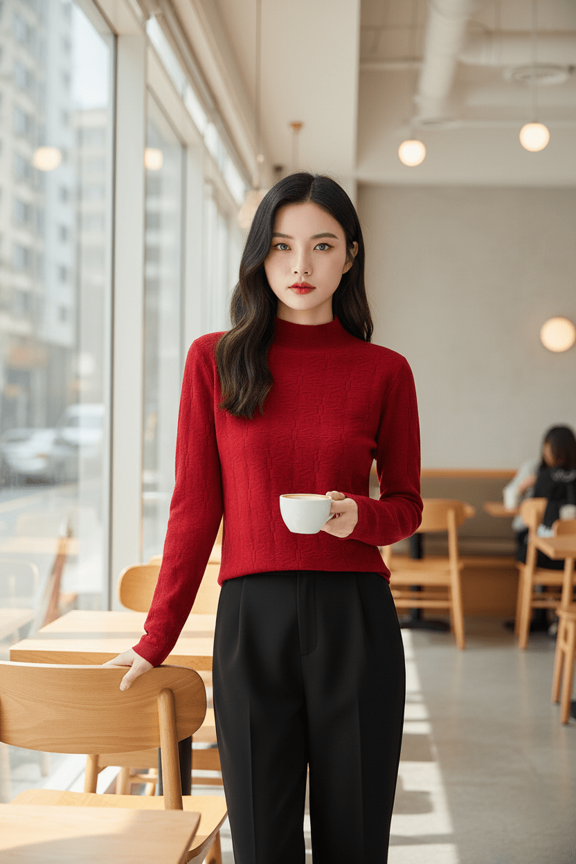 Damen Strukturstrickpullover mit Stehkragen und Slim Fit