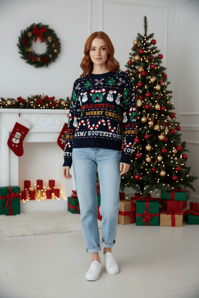 Damen Cropped Jacquard Strickpullover mit festlichem Grafikdesign