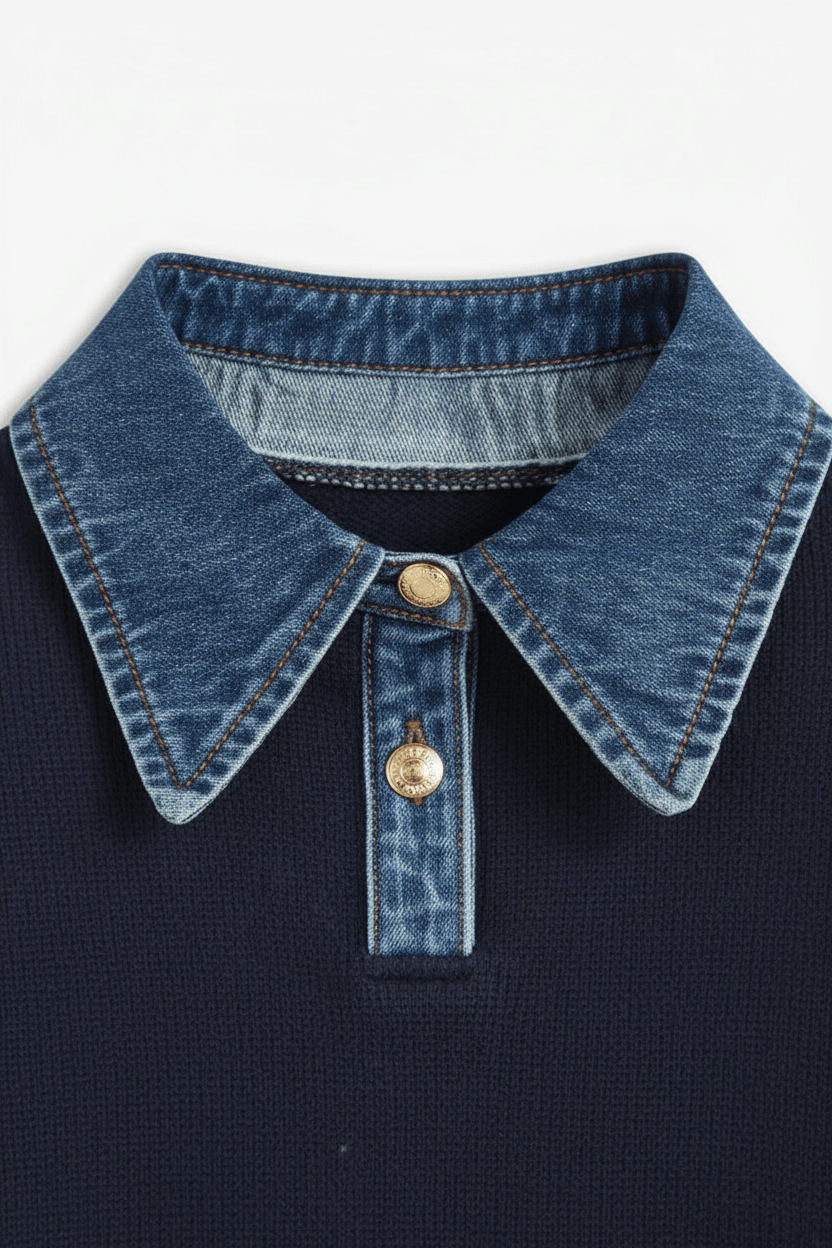 Damen Relaxed Fit Strickpullover mit Denim-Kragen und -Ärmeln