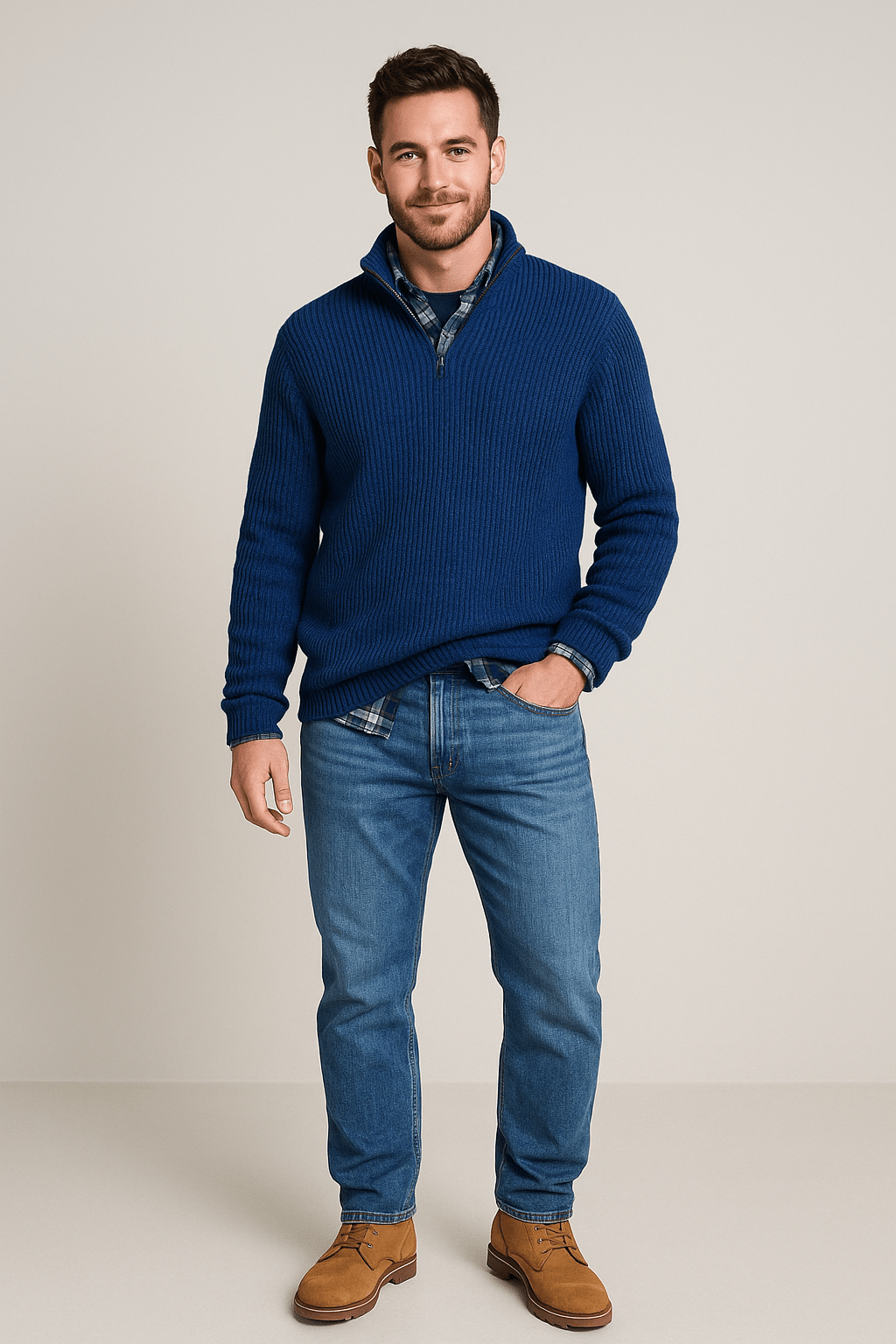 Herren-Half-Zip-Pullover – Gerippter Strickpullover mit hohem Kragen