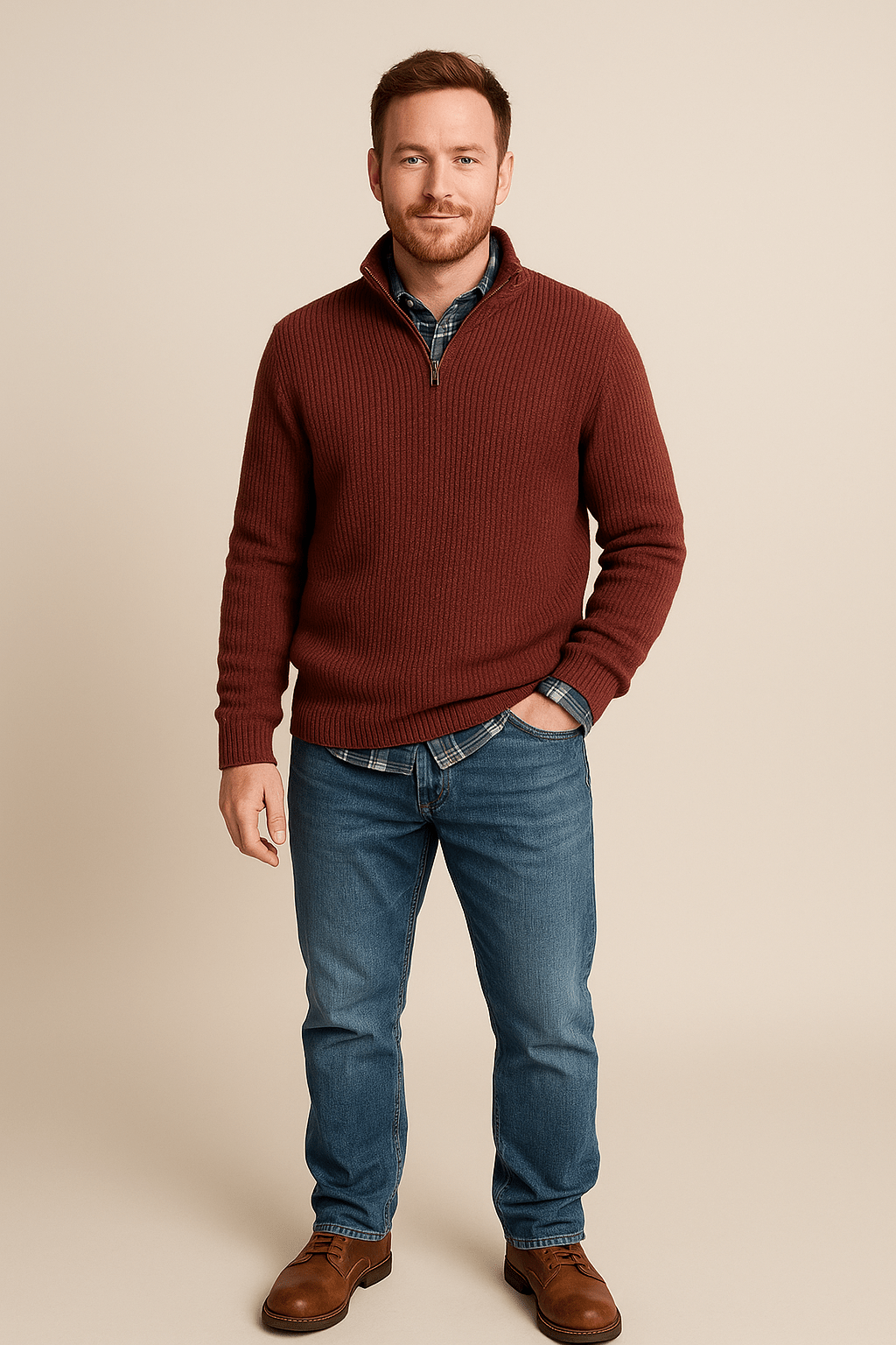 Herren-Half-Zip-Pullover – Gerippter Strickpullover mit hohem Kragen