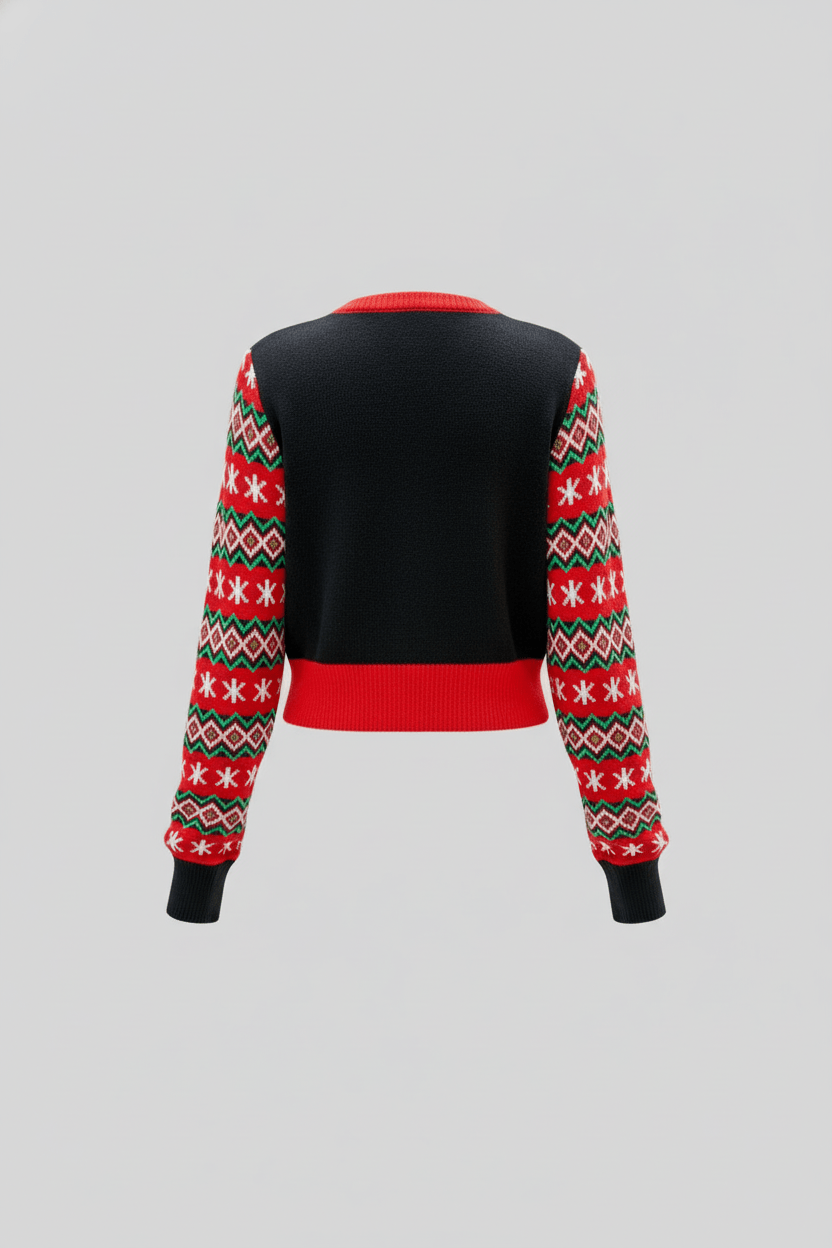 Damen Kurzer Strickpullover mit Grafischem Vorderteil und Gemusterten Ärmeln