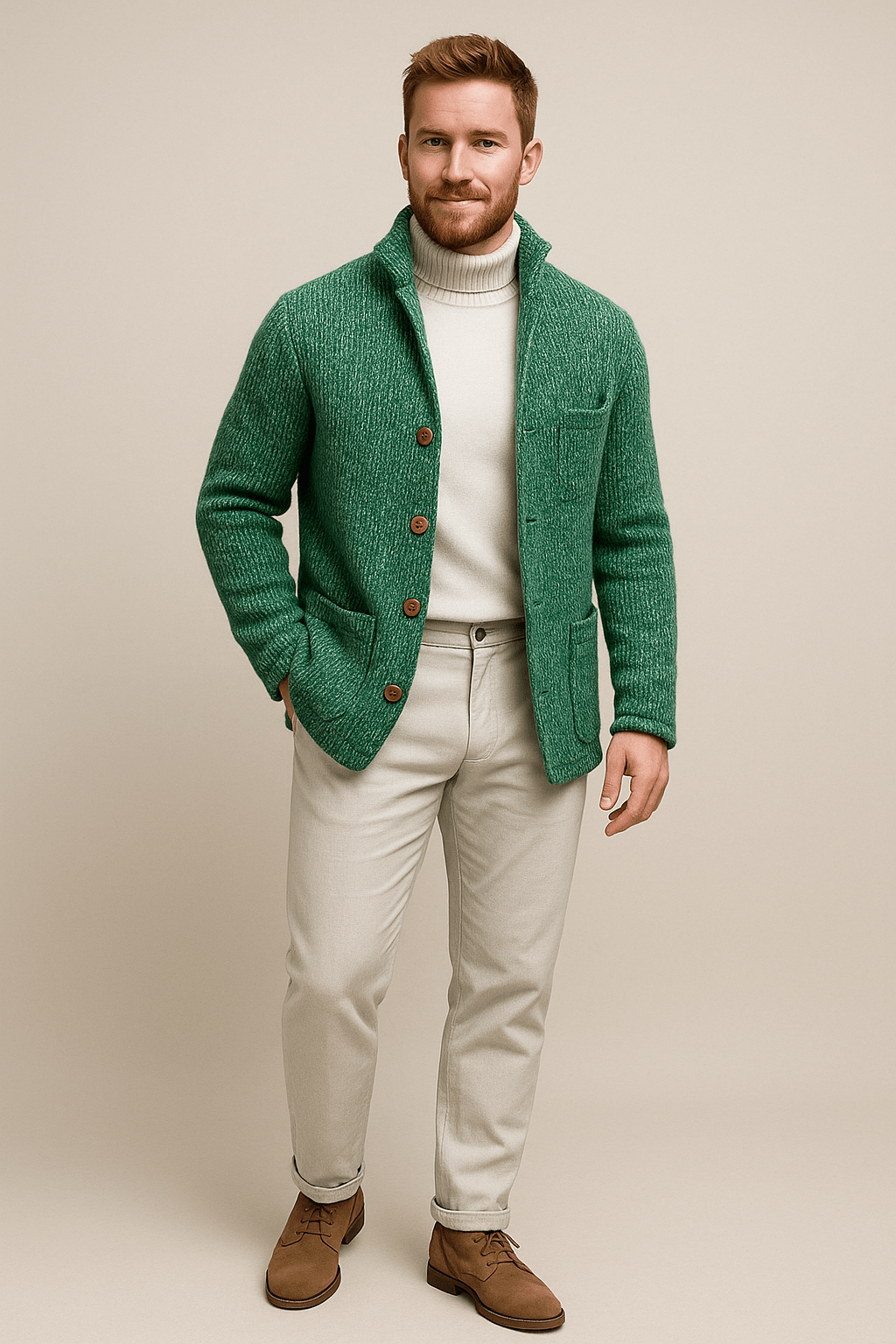 Herren Grobstrickcardigan – Knopf-Frontpullover mit Stehkragen