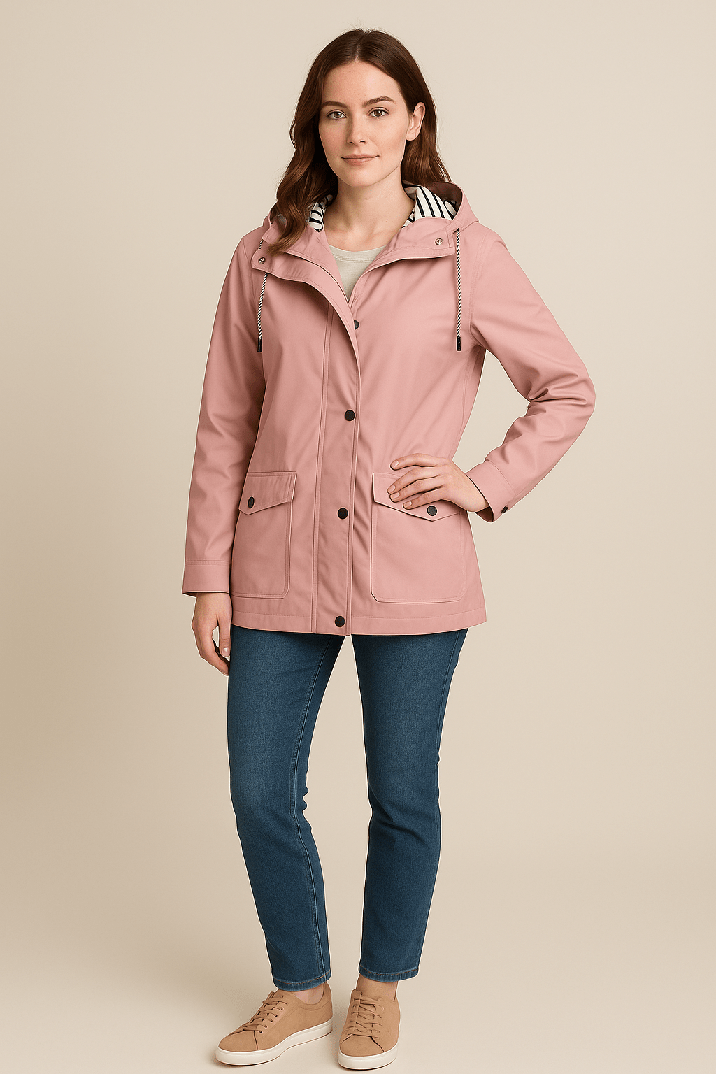 Damen Mid-Length Regenmantel mit verstellbarer Kapuze