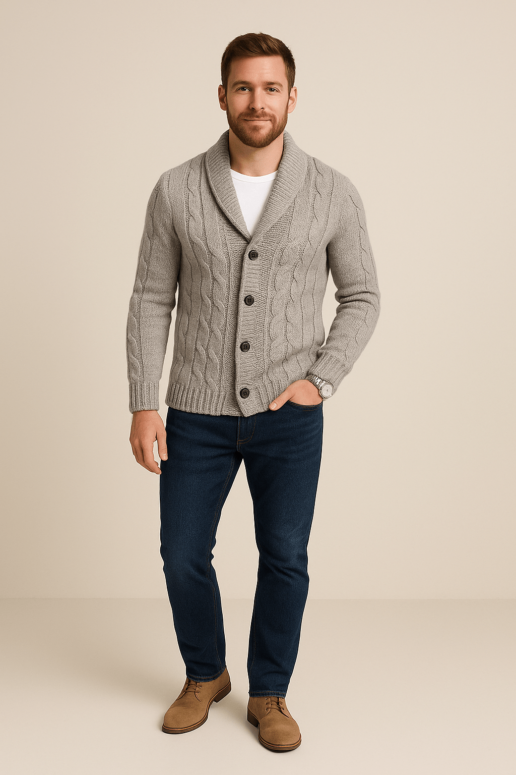 Herren Kabelstrick Cardigan – Knopfverschluss mit Schalkragen