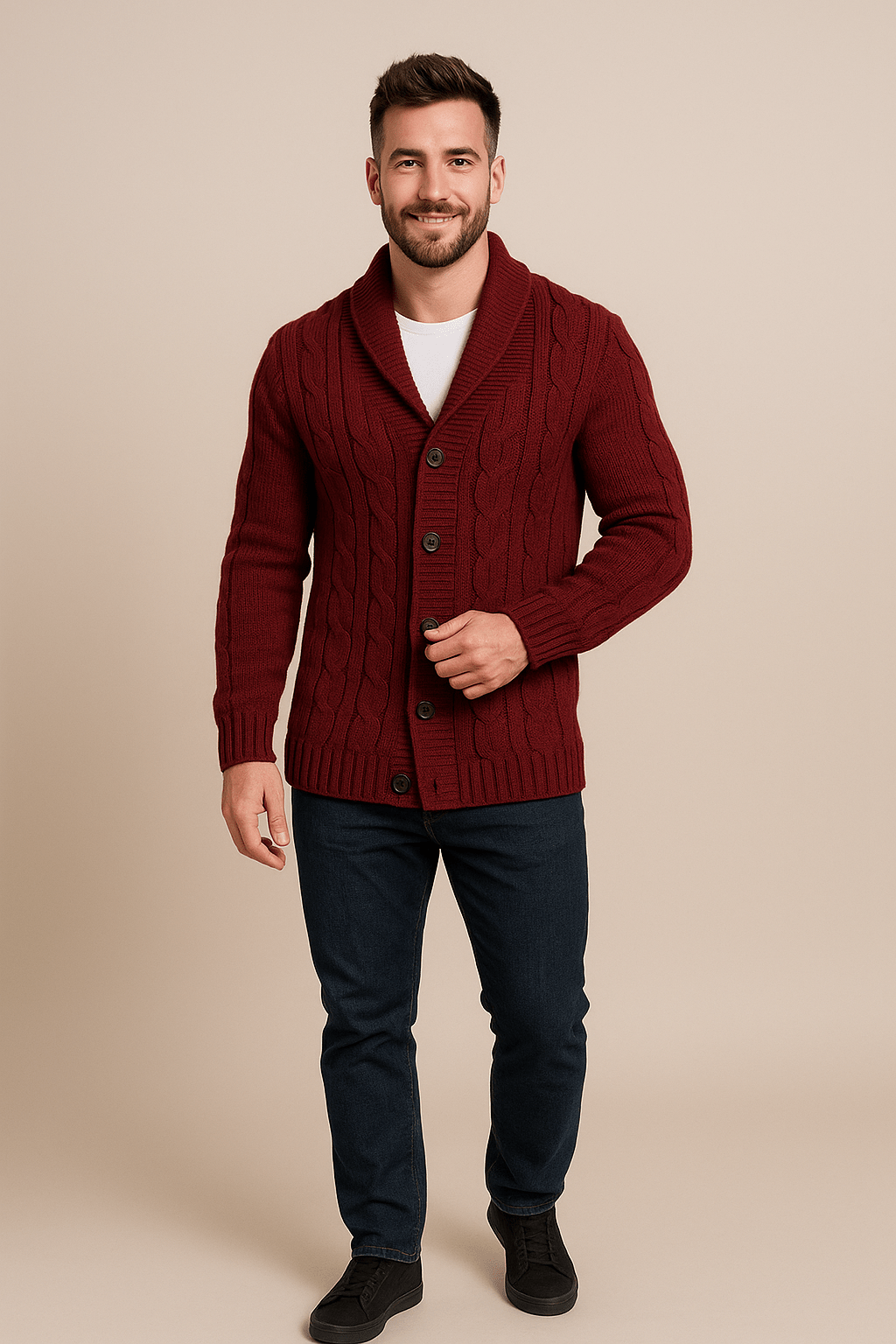 Herren Kabelstrick Cardigan – Knopfverschluss mit Schalkragen