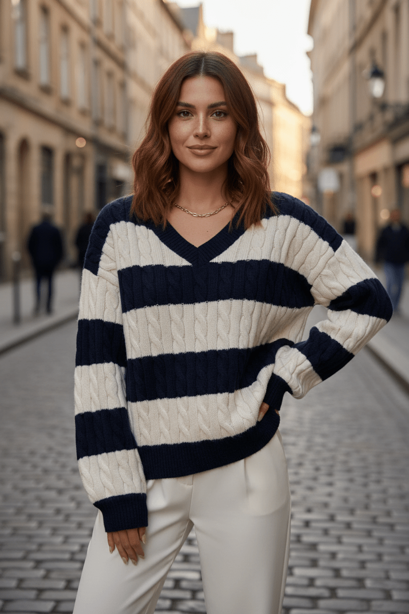 Oversized V-Ausschnitt Pullover mit Kabelstrick und gestreiften Details für Damen