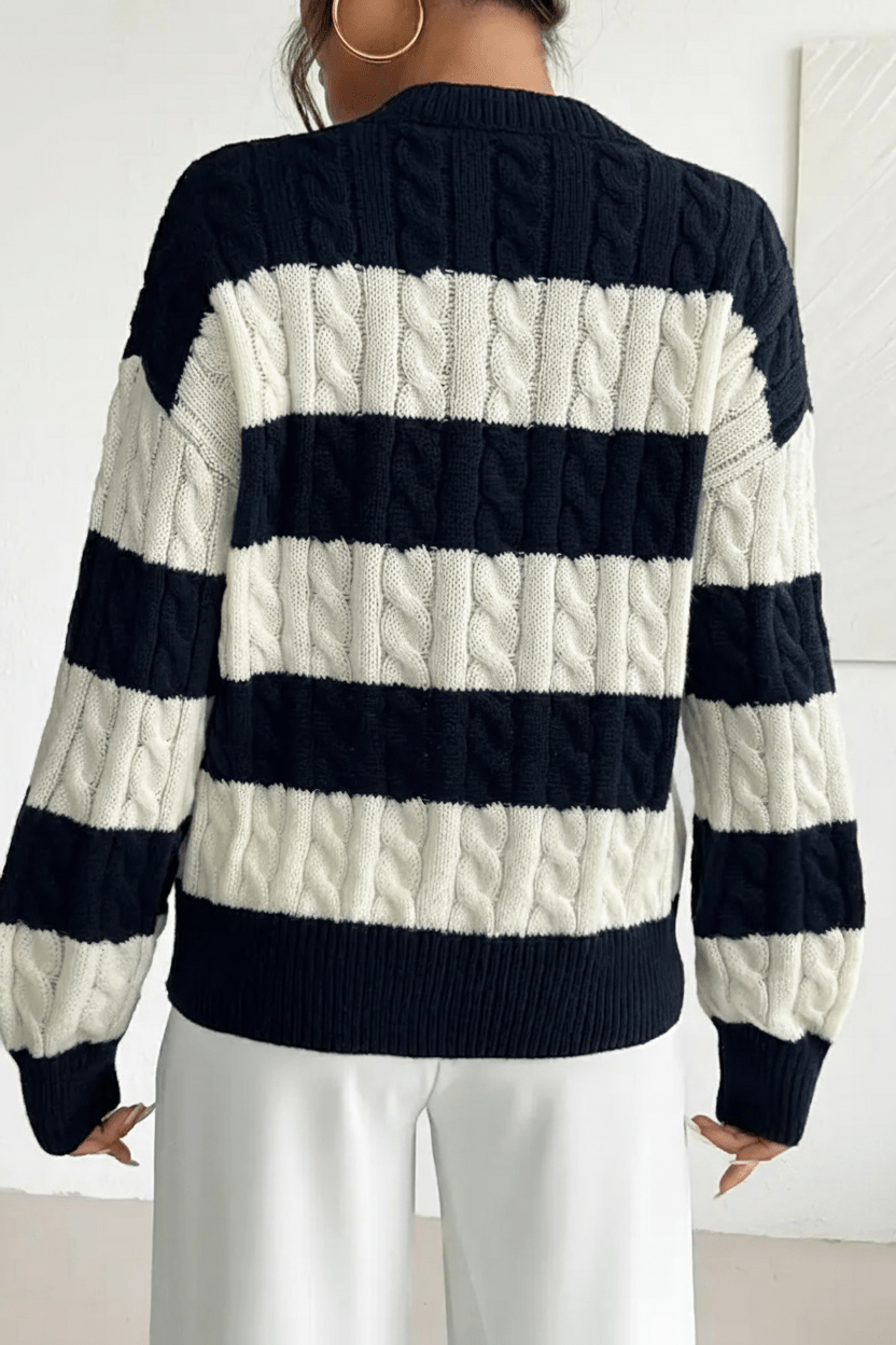 Oversized V-Ausschnitt Pullover mit Kabelstrick und gestreiften Details für Damen