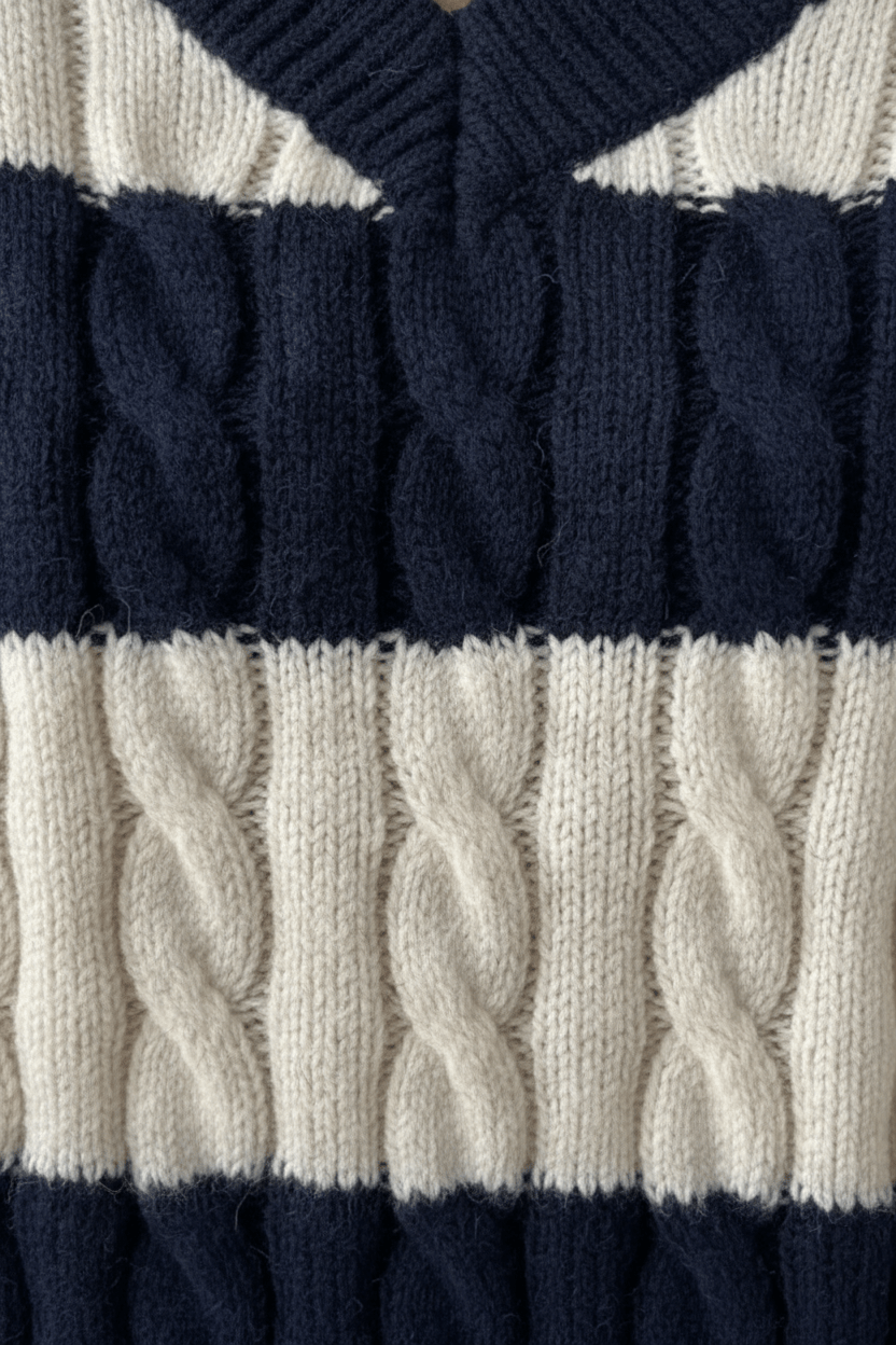 Oversized V-Ausschnitt Pullover mit Kabelstrick und gestreiften Details für Damen