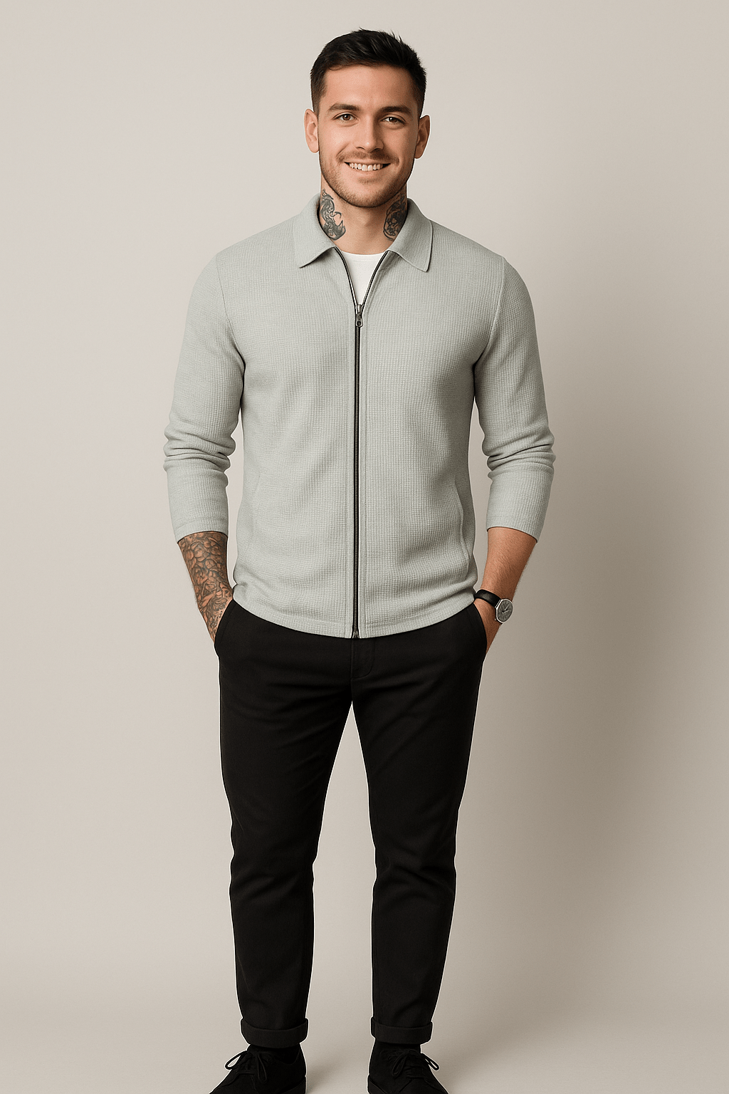 Herren Zip-Cardigan – Waffelstrick-Schicht mit modernem Schnitt