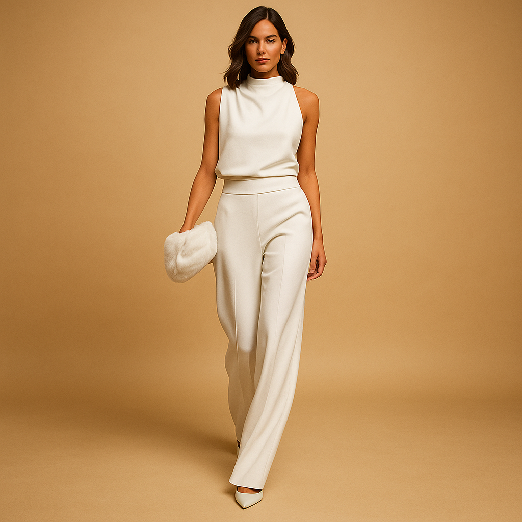 Damen Jumpsuit mit weitem Bein, Halterneck und hoher Taille