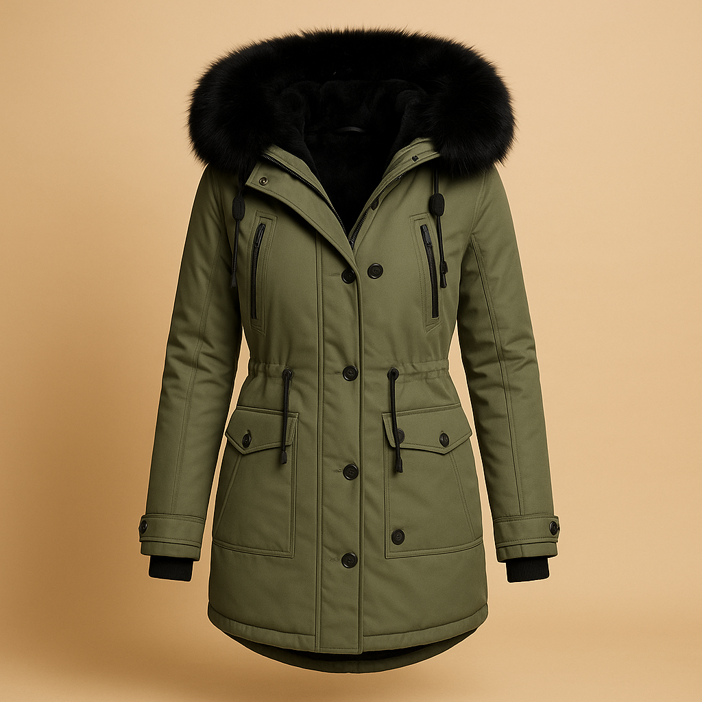 Damen Lange Wasserdichte Winterjacke mit Kunstfellkapuze