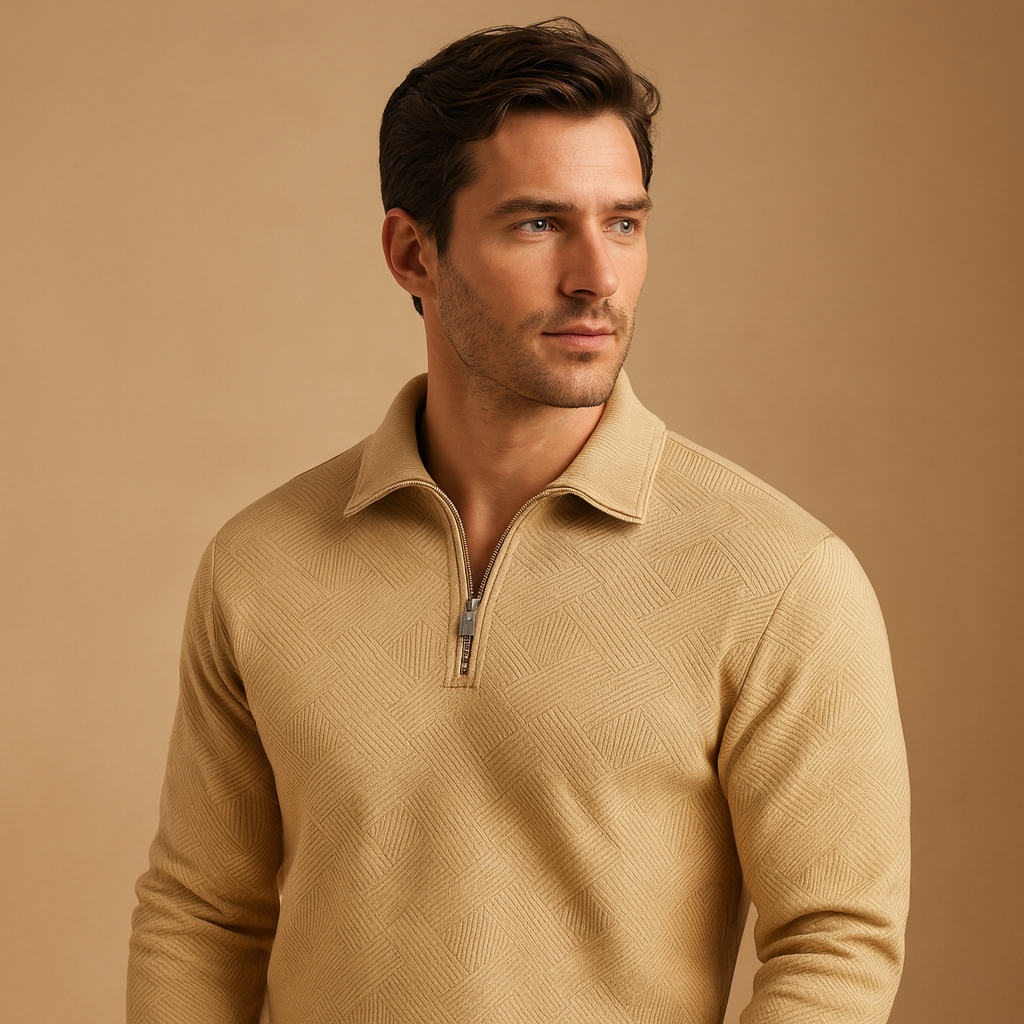 Herren Polo Pullover mit Viertelreißverschluss und geometrischem Muster