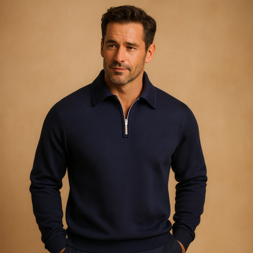 Herren Polo Pullover mit Viertelreißverschluss und geometrischem Muster
