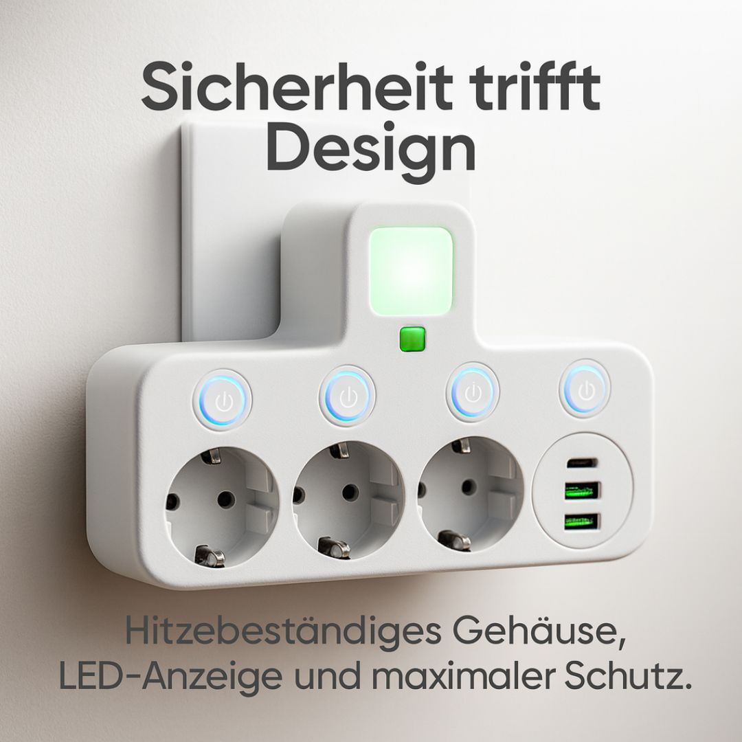 Steckdosenleiste mit 3 Anschlüssen | Mehrfachsteckdose mit USB & Schalter | PowerGrid